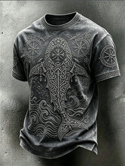 Gedrucktes gewaschenes T-Shirt mit Retro-Viking-Ozean-Tier muster für Männer