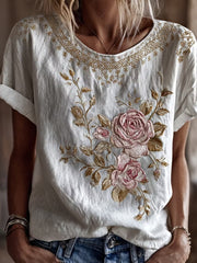 Damen-Retro-Top aus Baumwolle und Leinen mit floraler Kunstprint-Optik, lässig geschnitten