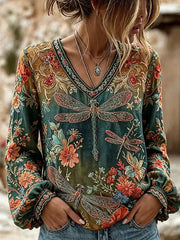 Damen-Retro-Top aus Baumwolle und Leinen mit floraler Kunstprint-Optik, lässig geschnitten