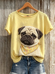 Damen-Fuzzy-T-Shirt mit Mops-Print und kurzen Ärmeln