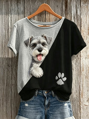 Damen-T-Shirt mit kontrastfarbenem Aufdruck von einem Schnauzer, der neugierig hervorlugt, sowie Pfotenabdrücken und kurzen Ärmeln