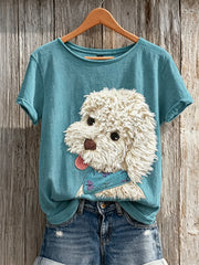 Damen-Fuzzy-T-Shirt mit Pudelhund-Print und kurzen Ärmeln