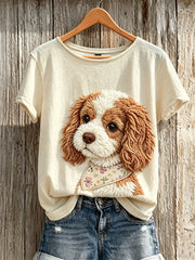 Damen-Fuzzy-T-Shirt mit Hunde-Print des Cavalier King Charles Spaniels und kurzen Ärmeln
