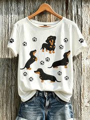Damen-T-Shirt mit niedlichem Hunde-Muster, lässig, kurzärmlig