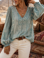 Damen-Top im Bohemian-Stil mit V-Ausschnitt und Baumwoll-Leinen-Optik