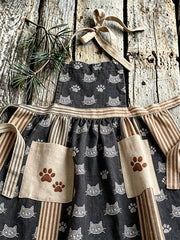 Kleines Retro-Leinenkleid für Damen mit Katzenmuster und Schnürung