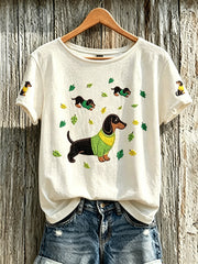 Damen-T-Shirt mit niedlichem Hunde-Muster, lässig, kurzärmlig