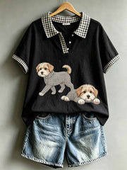 Damen-Vintage-Poloshirt mit niedlichem Hunde-Muster