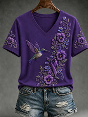 Damen-T-Shirt mit violetter Blumen- und Kolibri-Print, V-Ausschnitt und kurzen Ärmeln zur Sensibilisierung für die Alzheimer-Krankheit