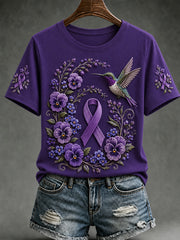 Damen-T-Shirt mit lila Blumen-und Kolibri druck, kurz ärmel ige Alzheimer-Unterstützung