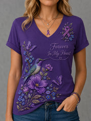 Damen-T-Shirt mit violetter Blumen- und Kolibri-Print-Aufschrift zur Sensibilisierung für Alzheimer, V-Ausschnitt