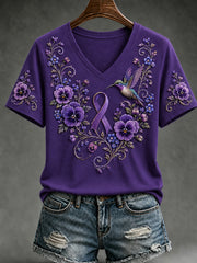 Damen-T-Shirt mit violetter Blumen- und Kolibri-Print, V-Ausschnitt und kurzen Ärmeln zur Sensibilisierung für die Alzheimer-Krankheit
