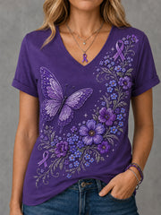 Damen-T-Shirt in Lila mit Blumen- und Schmetterlingsmuster zur Sensibilisierung für Alzheimer, V-Ausschnitt