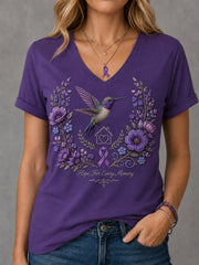 Damen-T-Shirt mit violetter Blumen- und Kolibri-Print-Aufschrift zur Sensibilisierung für Alzheimer, V-Ausschnitt