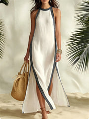 Damen Kontrast gestreift Trim Seite Schlitz Flowy Maxi Kleid