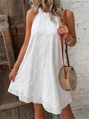 Damen-Mini kleid mit Blumen hohl Spitze ärmel los