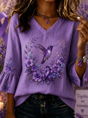 Damen-Hemd in Lila mit Blumen- und Kolibri-Print, halblange Ärmel, V-Ausschnitt – Unterstützung zur Sensibilisierung für Alzheimer