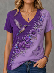 Damen-T-Shirt mit violetter Blumen- und Kolibri-Print-Aufschrift zur Sensibilisierung für Alzheimer, V-Ausschnitt