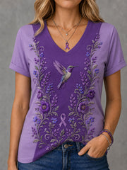 Damen-T-Shirt mit violetter Blumen- und Kolibri-Print-Aufschrift zur Sensibilisierung für Alzheimer, V-Ausschnitt