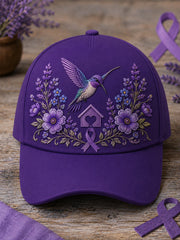 Unisex-Mütze in Lila mit Blumen- und Kolibri‑Muster zur Sensibilisierung für die Alzheimer‑Krankheit