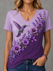 Damen-T-Shirt mit violetter Blumen- und Kolibri-Print-Aufschrift zur Sensibilisierung für Alzheimer, V-Ausschnitt