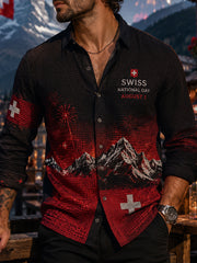 Herren-Hemd mit Nationalflaggen-Print und Waffelstruktur, langärmlig