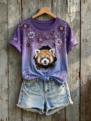 Damen-Kurzarm-T-Shirt mit süßem Blumen-Rot-Panda-Kunst druck