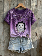 Damen-Kurzarm-T-Shirt mit Blumeneule und Maus-Kunst druck