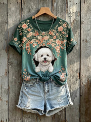Damen-Kurzarm-T-Shirt mit niedlichem Blumen bichon Frise Hunde-Kunstdruck