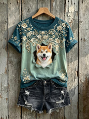 Kurzärmliges T-Shirt mit Blumen-Shiba Inu-Print für Damen