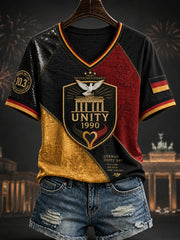 Damen-T-Shirt zum Tag der deutschen Einheit mit V-Ausschnitt und schulterfreiem, kurzärmeligem Design