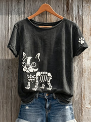Damen-Kurzarm-T-Shirt mit schöner Skeleton-Bulldogge & Paw-Print