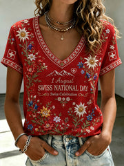 Damen-T-Shirt zum Nationalfeiertag mit Blumenmuster, V-Ausschnitt und kurzen Ärmeln