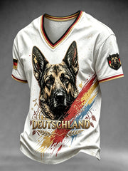 Herrenweißes Freizeit-T-Shirt mit deutscher Flagge, Deutschem Schäferhund und Graffiti-Print, V-Ausschnitt