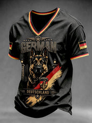 Herren-T-Shirt mit V-Ausschnitt, lässig, mit deutscher Flagge und Deutschem Schäferhund-Print