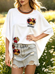 Damenweißes, niedliches Freizeit-T-Shirt im deutschen Stil mit Aufdruck, lockere Passform und Fledermausärmeln