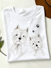 Damen-T-Shirt mit niedlichem Hunde-Muster und kurzen Ärmeln
