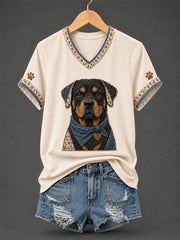 Damen-Retro-Patchwork-T-Shirt mit Hundeprint und V-Ausschnitt
