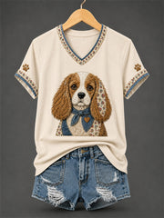 Damen-Retro-Patchwork-T-Shirt mit Hundeprint und V-Ausschnitt