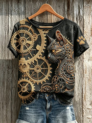 Damen Vintage Steampunk Cat Art Print Kurzarm T-Shirt