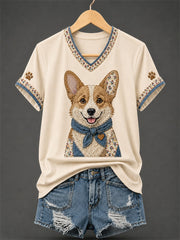 Damen-Retro-Patchwork-T-Shirt mit Hundeprint und V-Ausschnitt