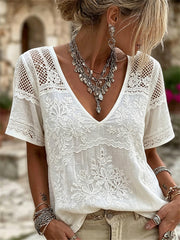 Damen-Edel-Boho-Blumen-Spitzenkunstdruck-Leinen-T-Shirt mit kurzen Ärmeln