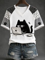 Lustiges schwarzes Katzen-Alltags-T-Shirt für Damen mit Aufdruck