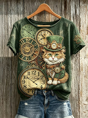 Damen-Vintage-Steampunk-Katzenkunstdruck-T-Shirt mit kurzen Ärmeln