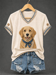 Damen-Retro-Patchwork-T-Shirt mit Hundeprint und V-Ausschnitt
