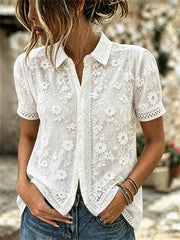 Damen-Elegantes Boho-Blumen-Spitzenkunstdruck-Leinen-Hemd mit kurzen Ärmeln