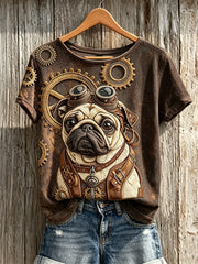 Damen Vintage Steampunk Mops Hund Kunst Druck kurz ärmel iges T-Shirt