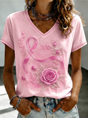Damen-T-Shirt mit Brustkrebs-Prävention, rosa Blumenprint und V-Ausschnitt