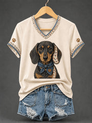 Damen-Retro-Patchwork-T-Shirt mit Hundeprint und V-Ausschnitt