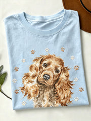 Damen-T-Shirt mit niedlichem Hunde-Muster und kurzen Ärmeln